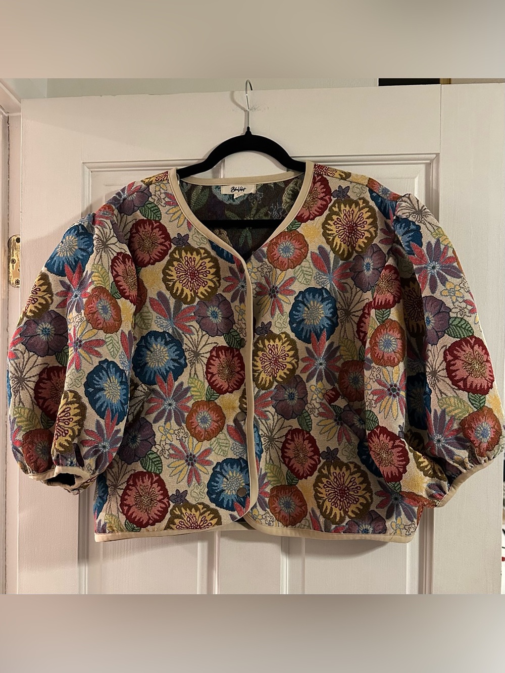 Blue Velvet Floral Cropped Puff Sleeved Jacket Snap Front Size Medium